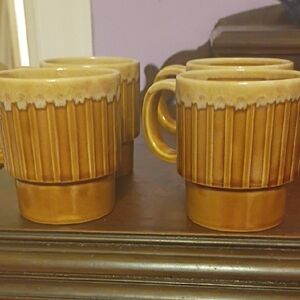 4 Vintage Brown Ceramic Mugs Set